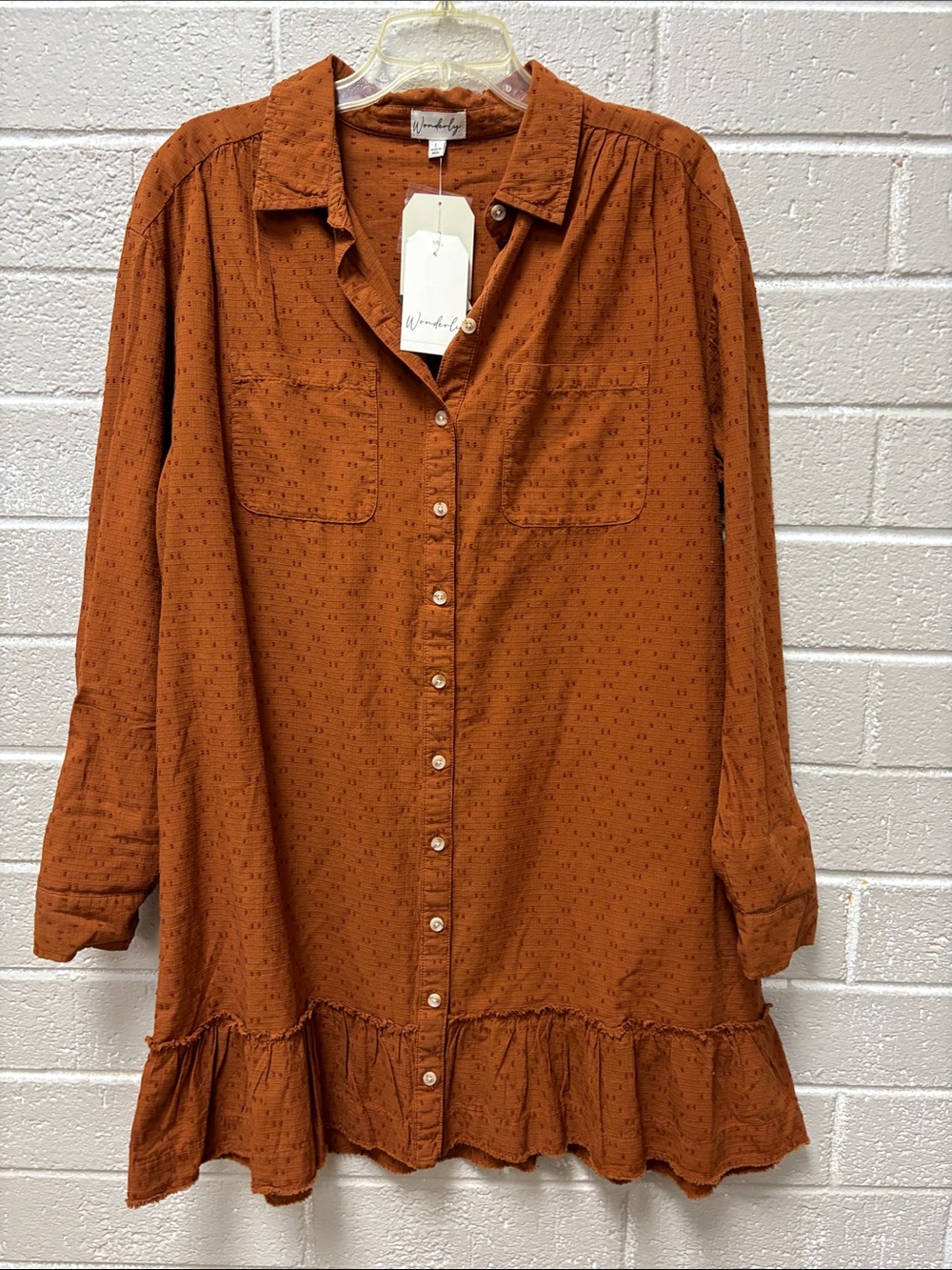 Wonderly Rust Long-Sleeve Button Dress with Ruffle Hem